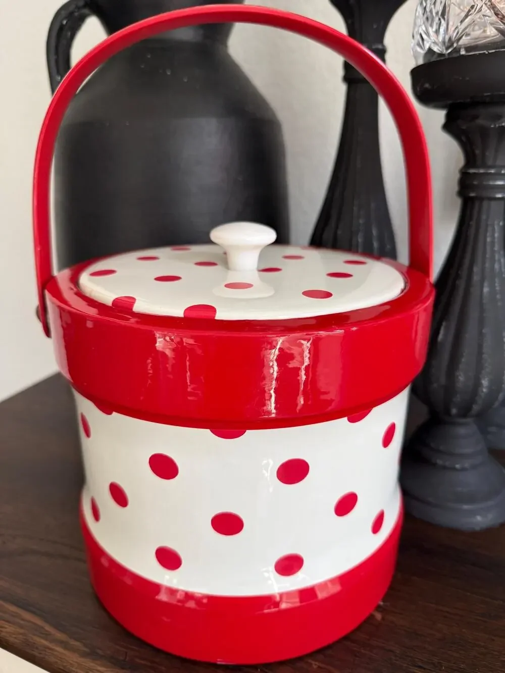 Vintage Red White Polka Dot Ice Bucket Retro Vinyl Barware Mid Century Style